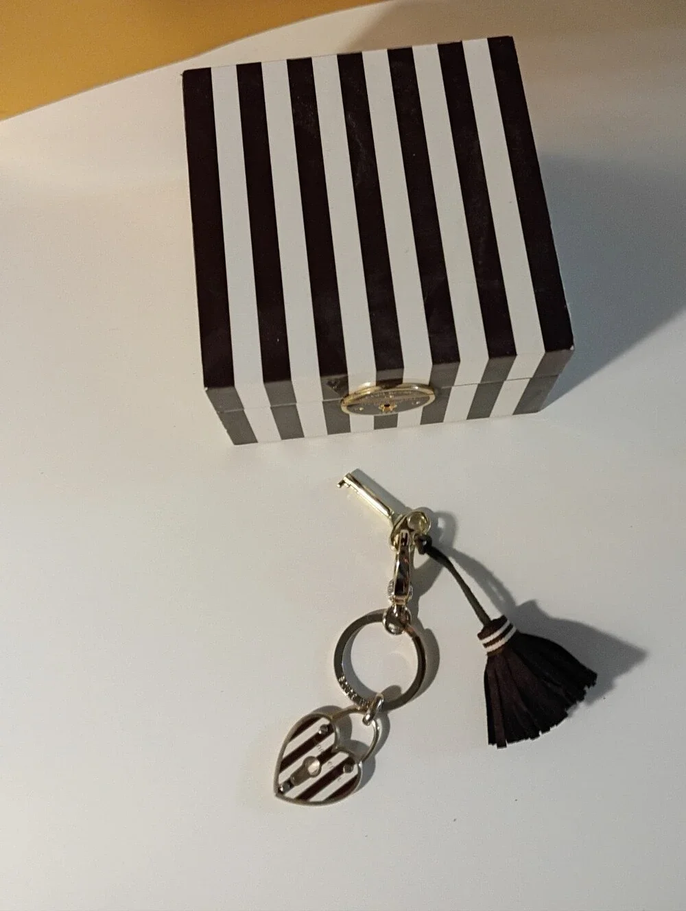 Henri Bendel Brown & White Striped Small Jewelry Box with Heart Tassel Keychain